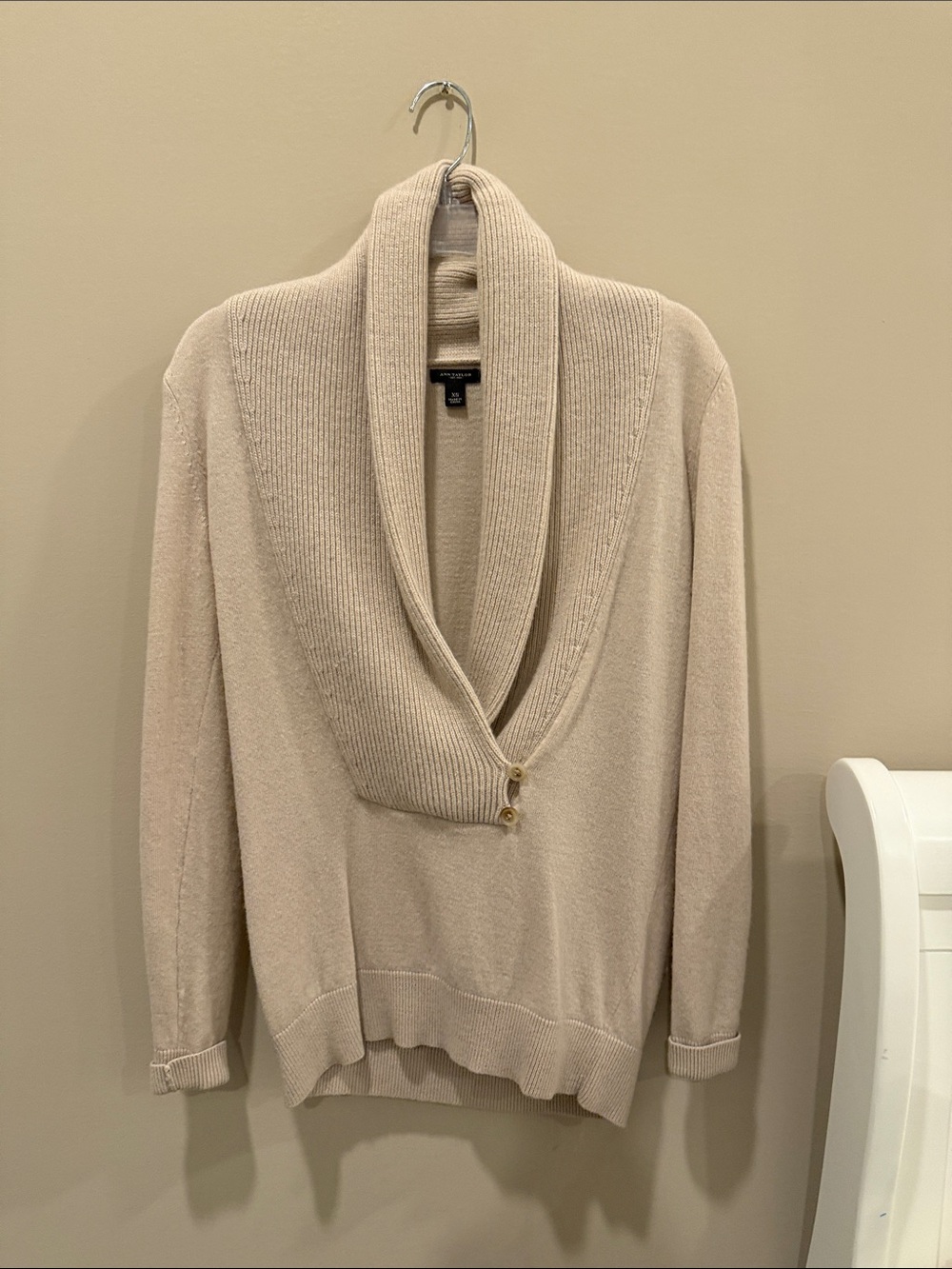 Ann Taylor Cream Shawl-Collar Button-Neck Sweater